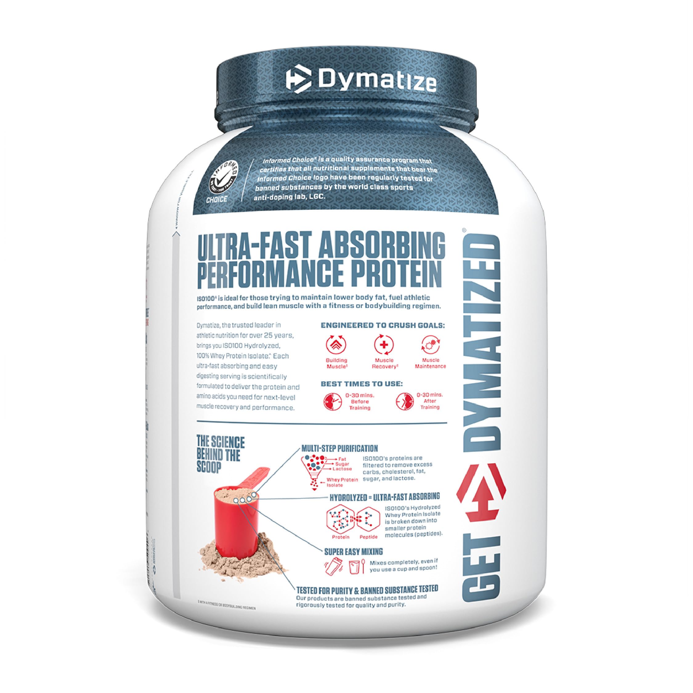 Dymatize ISO100 serving scoop shows 25 g of protein per serving.
