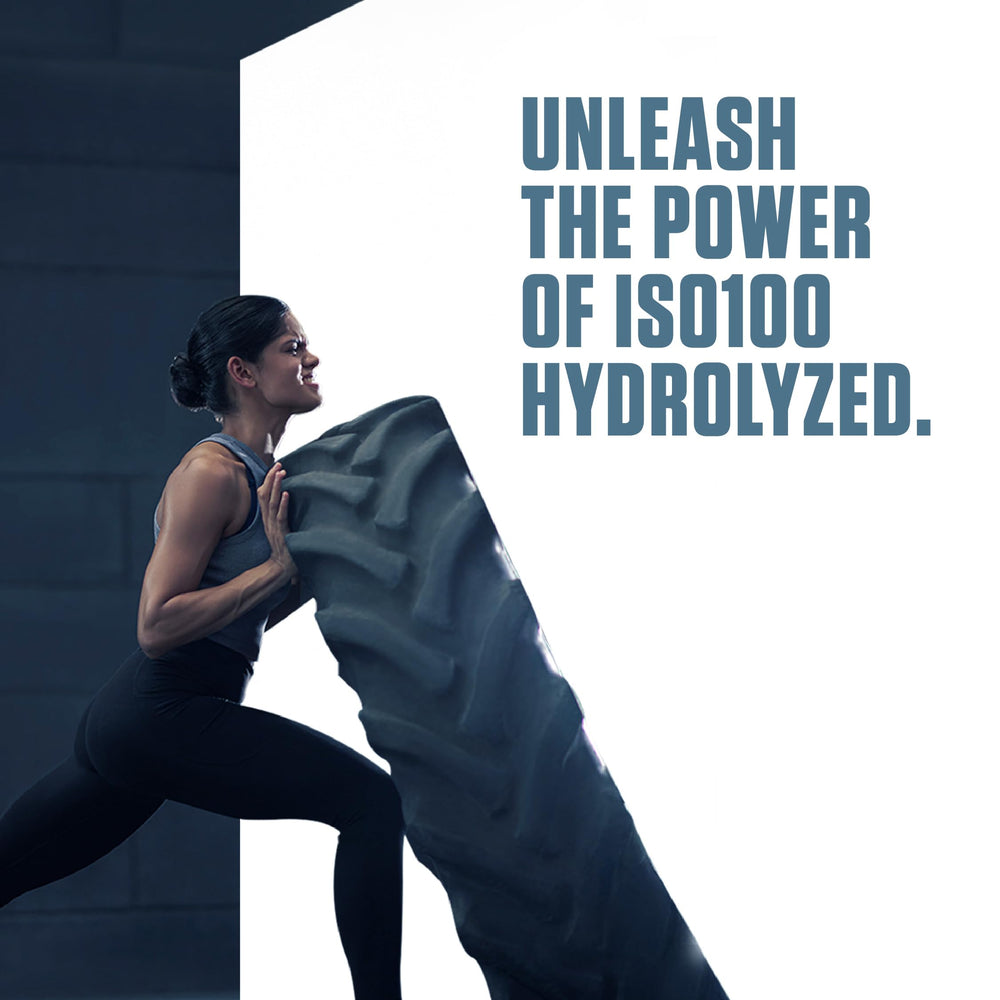 Dymatize ISO100 shake being mixed with water in glass.