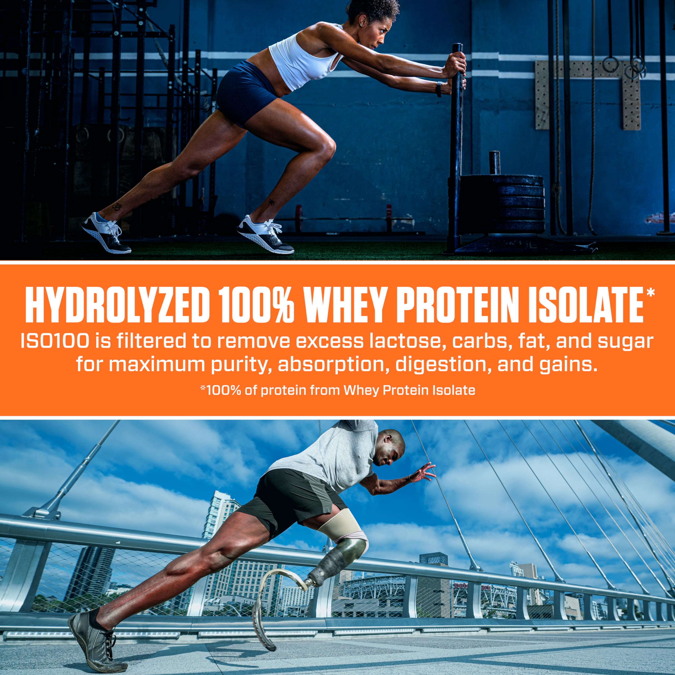 Dymatize ISO100 shaker setup prepared for gluten-free, fast-digesting protein.