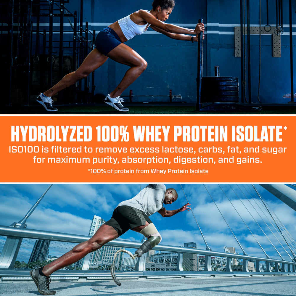 Dymatize ISO100 shaker setup prepared for gluten-free, fast-digesting protein.