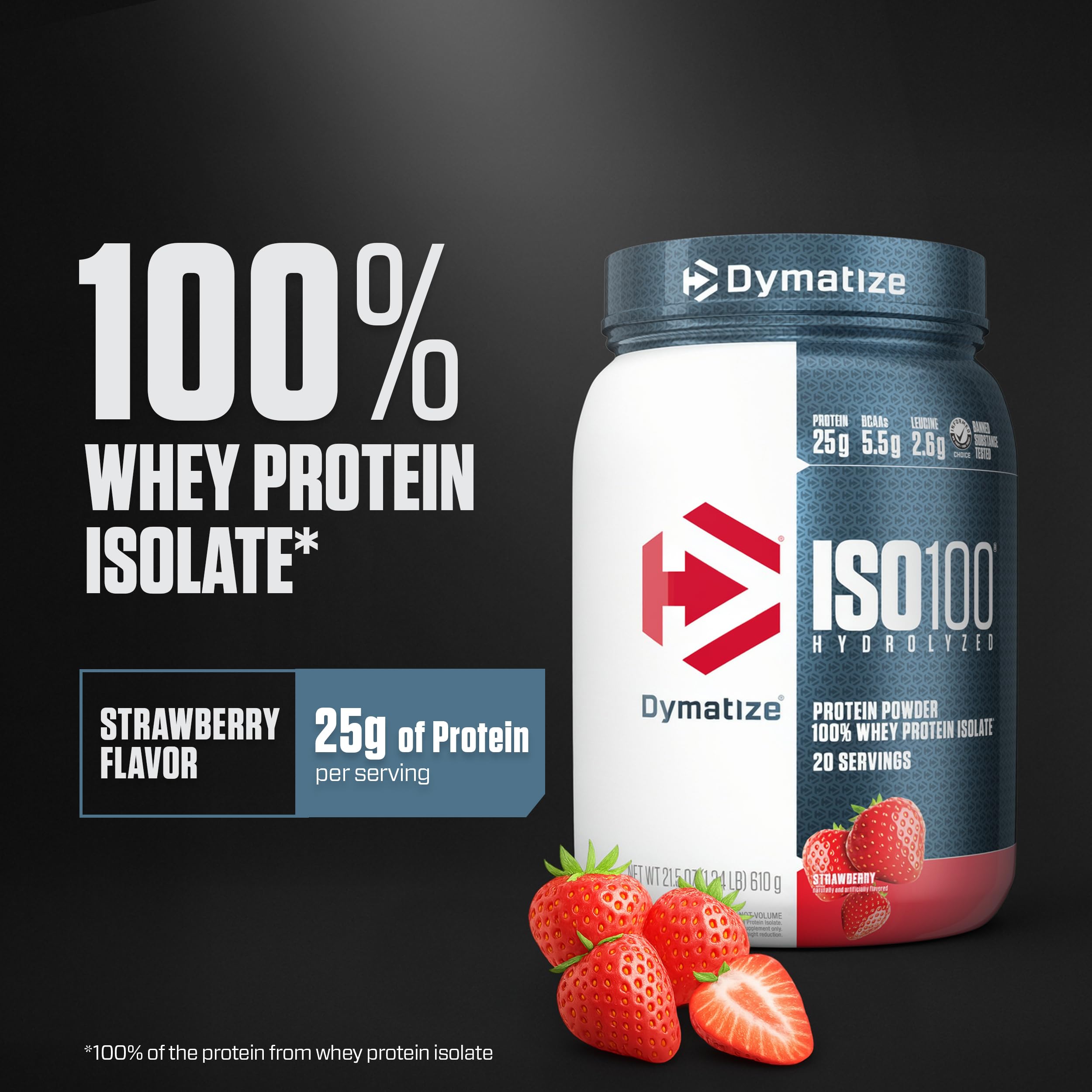 Dymatize ISO100 strawberry scoop beside tub shows easy serving and macro-friendly option.