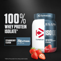 Dymatize ISO100 strawberry scoop beside tub shows easy serving and macro-friendly option.