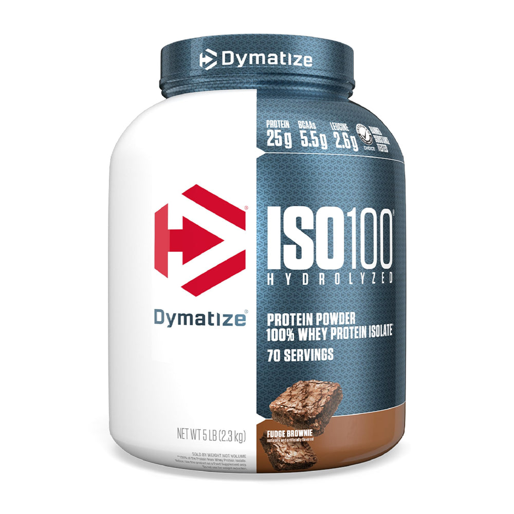 Dymatize ISO100 fudge brownie tub, premium protein for post-workout nutrition.
