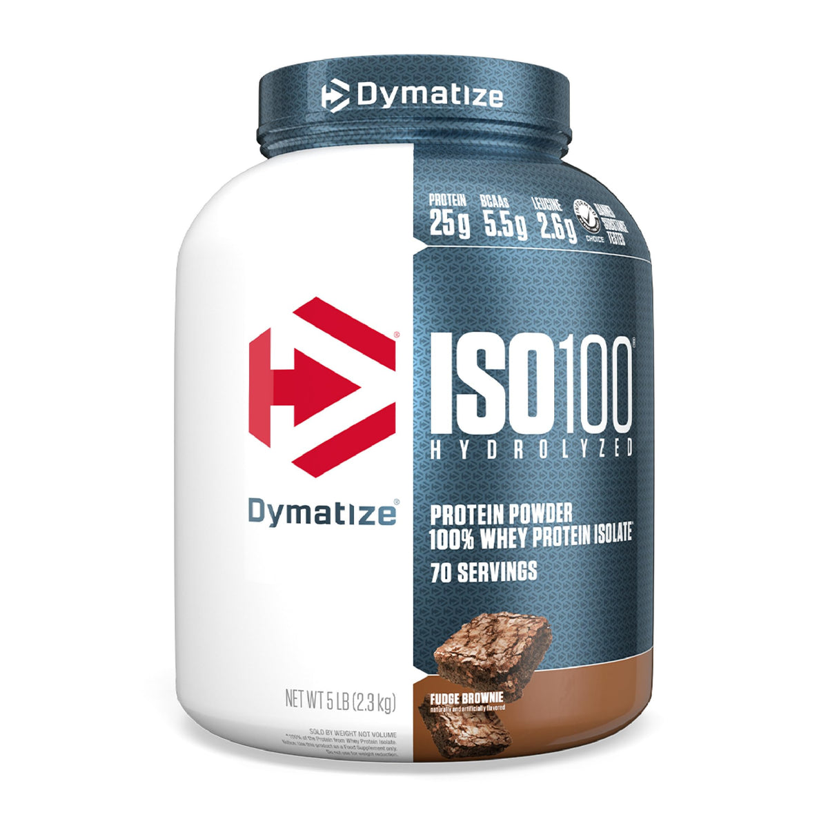 Dymatize ISO100 fudge brownie tub, premium protein for post-workout nutrition.