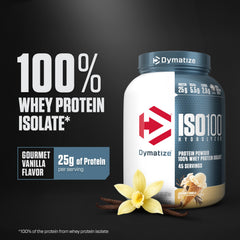 Dymatize ISO100 vanilla label closeup highlighting purity and quality