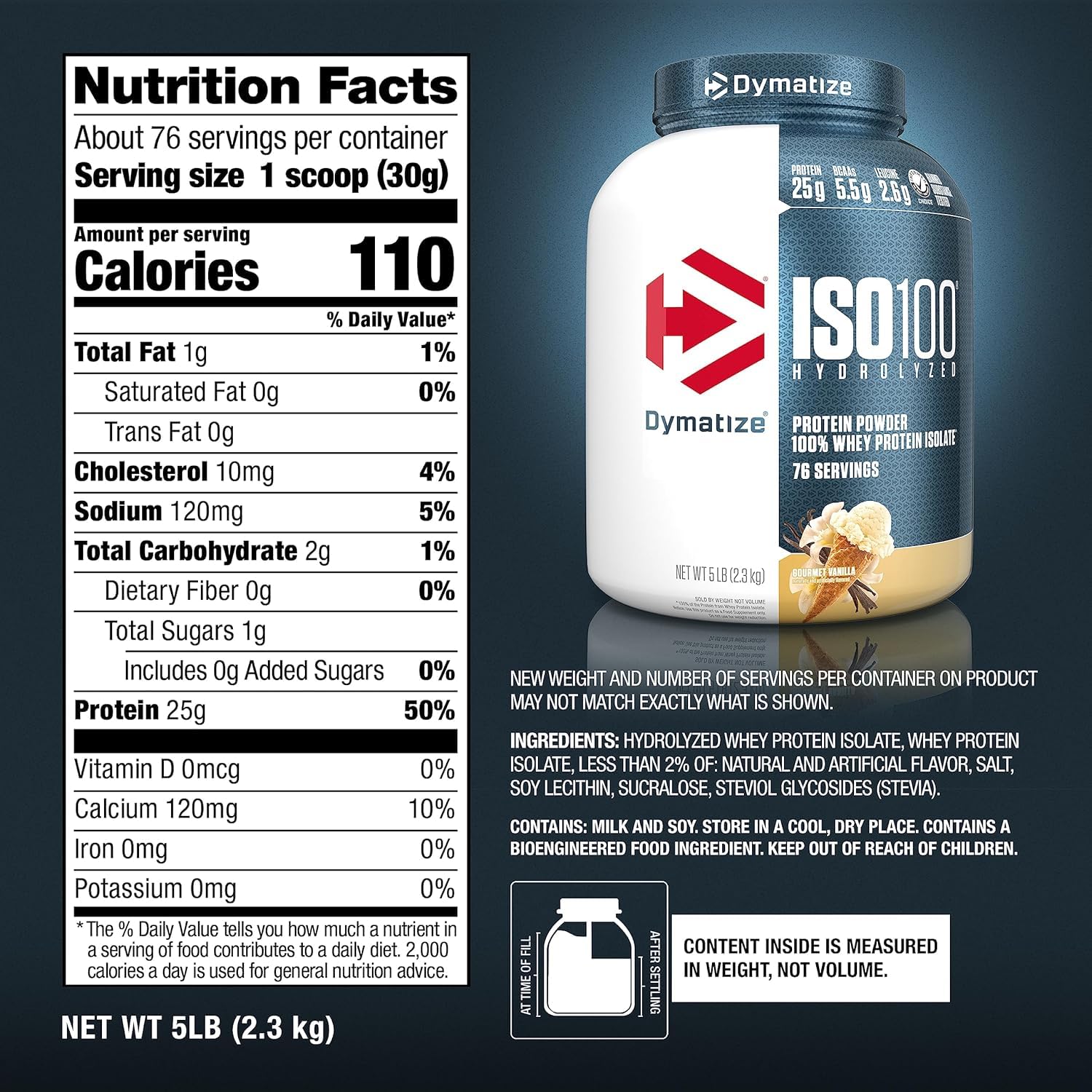 Nutrition panel closeup communicates high protein, low sugar, gluten-free.