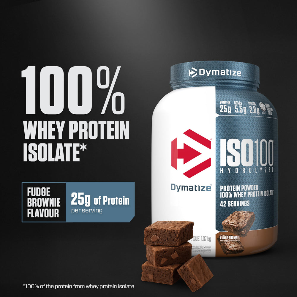 Dymatize ISO100 fudge brownie powder in a shaker after a workout.