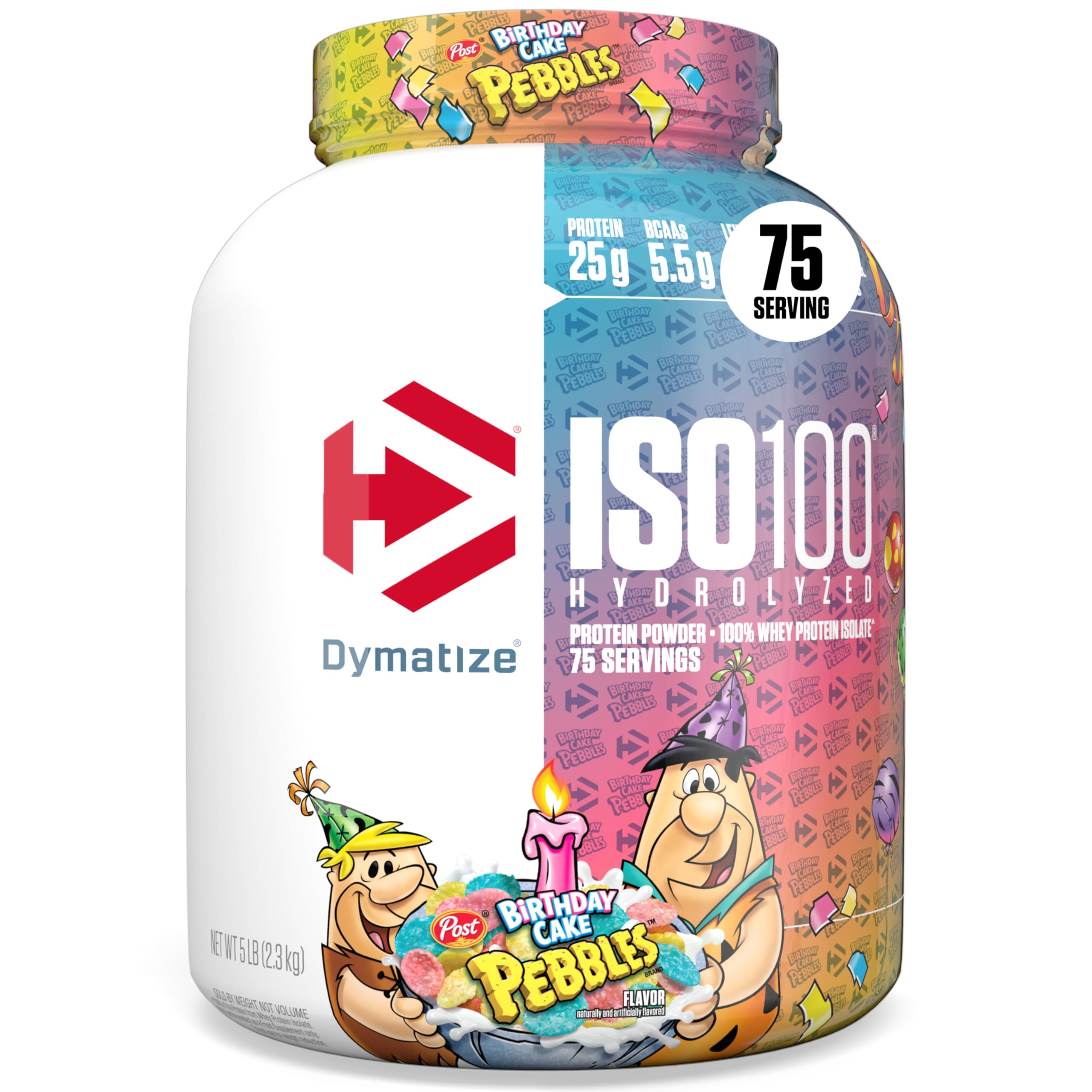 Dymatize ISO100 protein powder tub highlighting high protein per serving for muscle support.