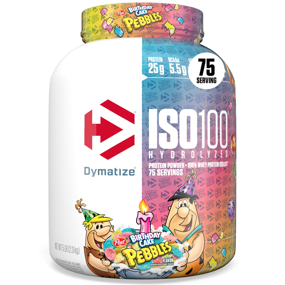 Dymatize ISO100 protein powder tub highlighting high protein per serving for muscle support.