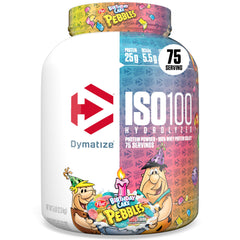 Dymatize ISO100 protein powder tub highlighting high protein per serving for muscle support.