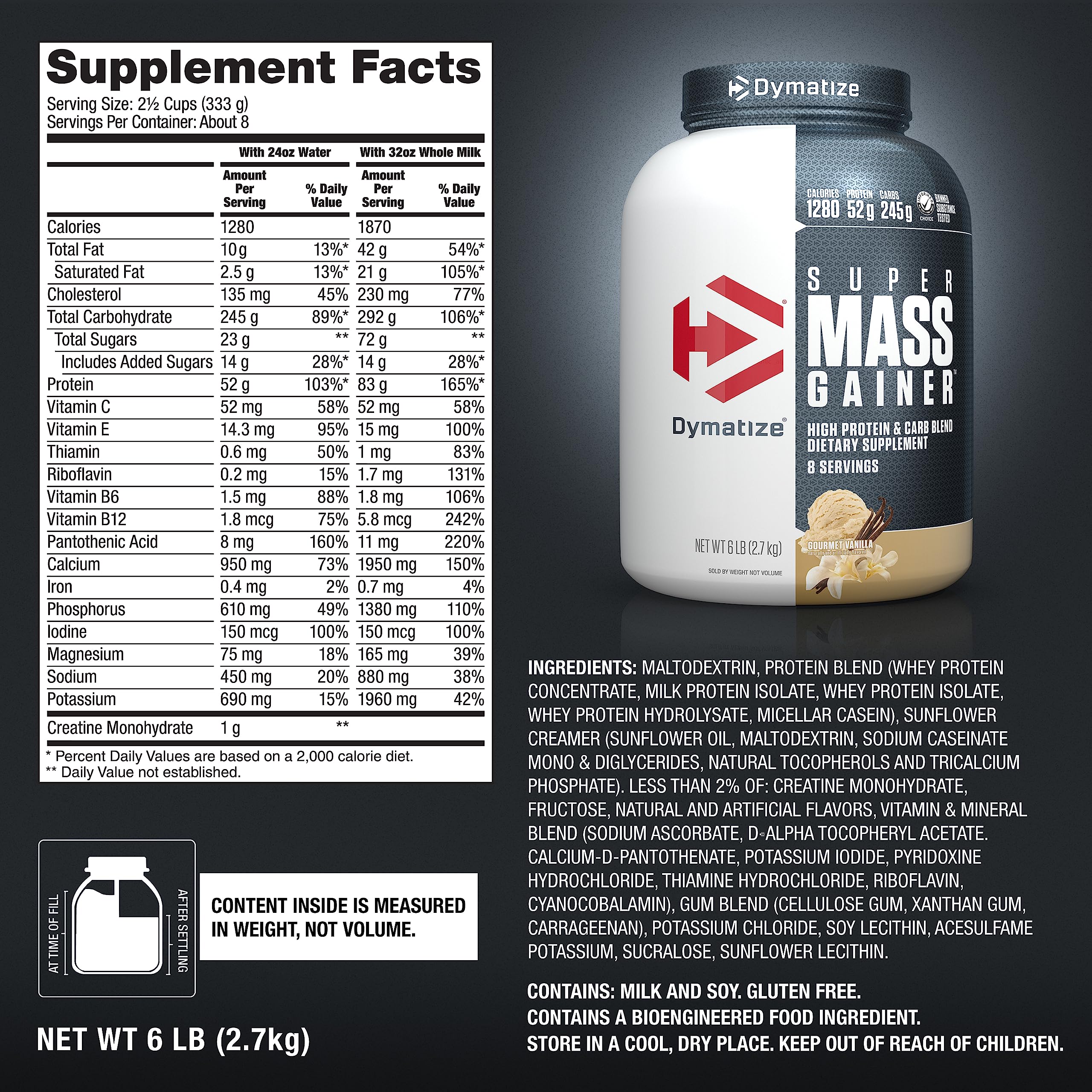 Dymatize Super Mass Gainer vanilla gym bag pairing for pre/post-workout nutrition.