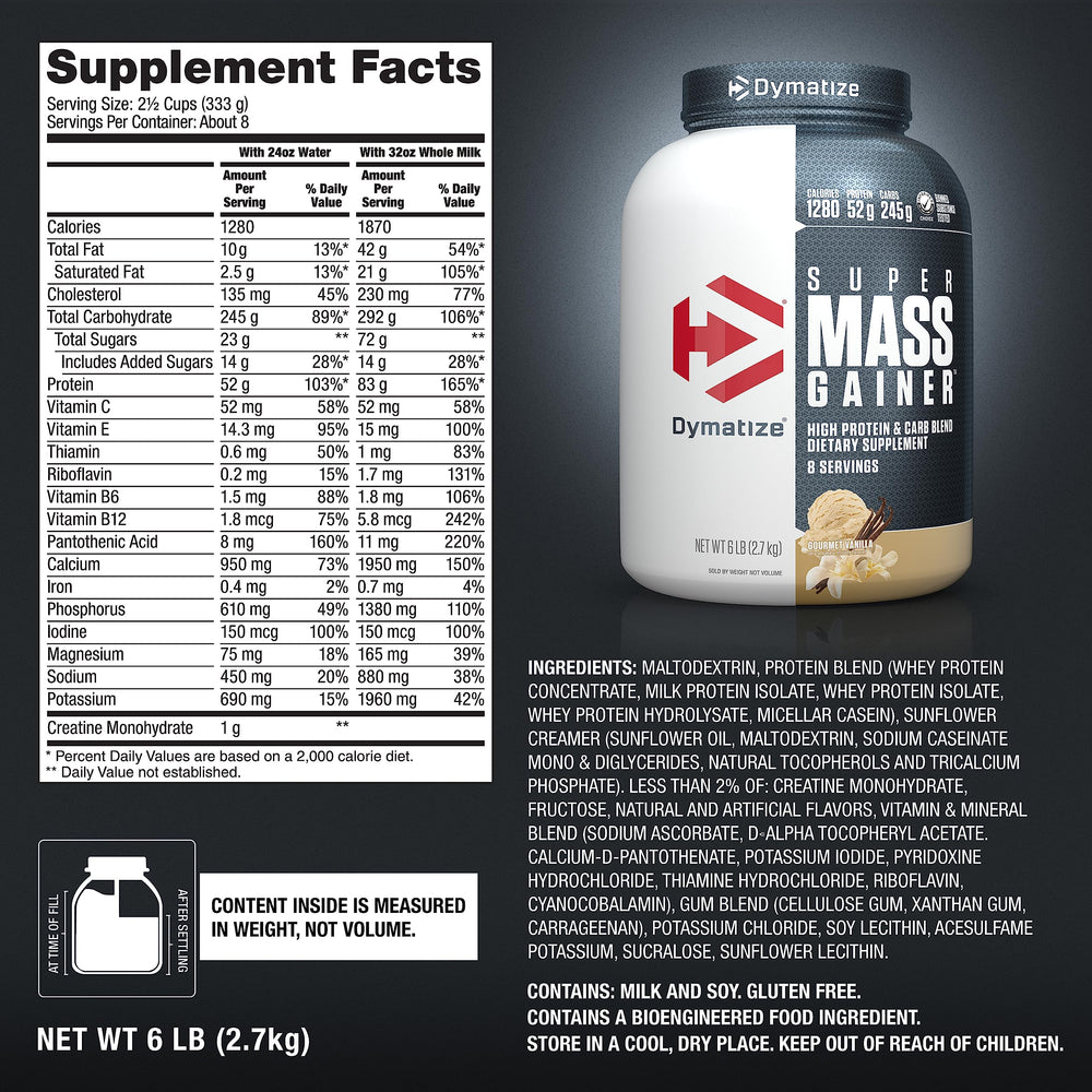Dymatize Super Mass Gainer vanilla gym bag pairing for pre/post-workout nutrition.