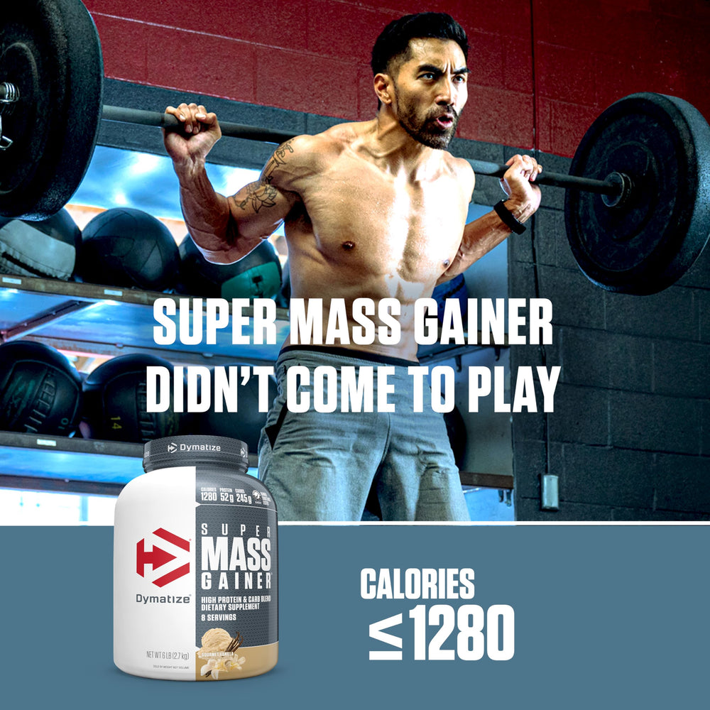 Dymatize Super Mass Gainer vanilla nutrition facts panel highlights protein and carbs.
