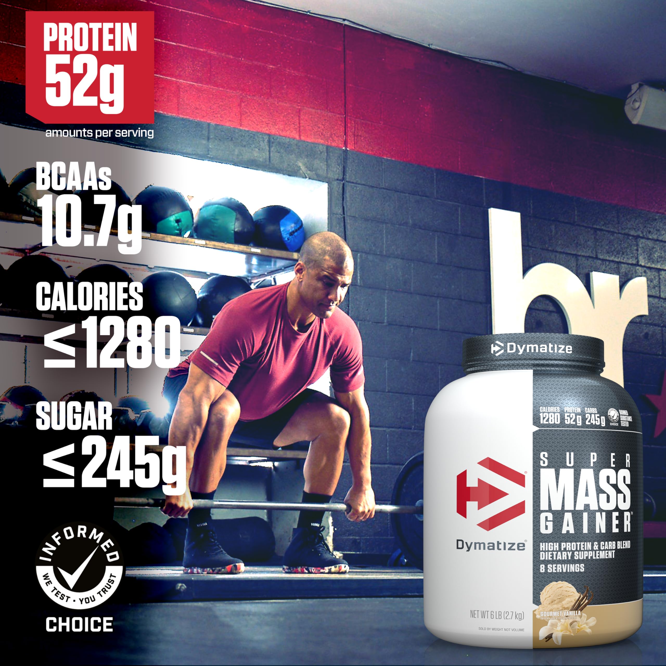 Dymatize Super Mass Gainer vanilla serving spoon for easy portioning before workouts.