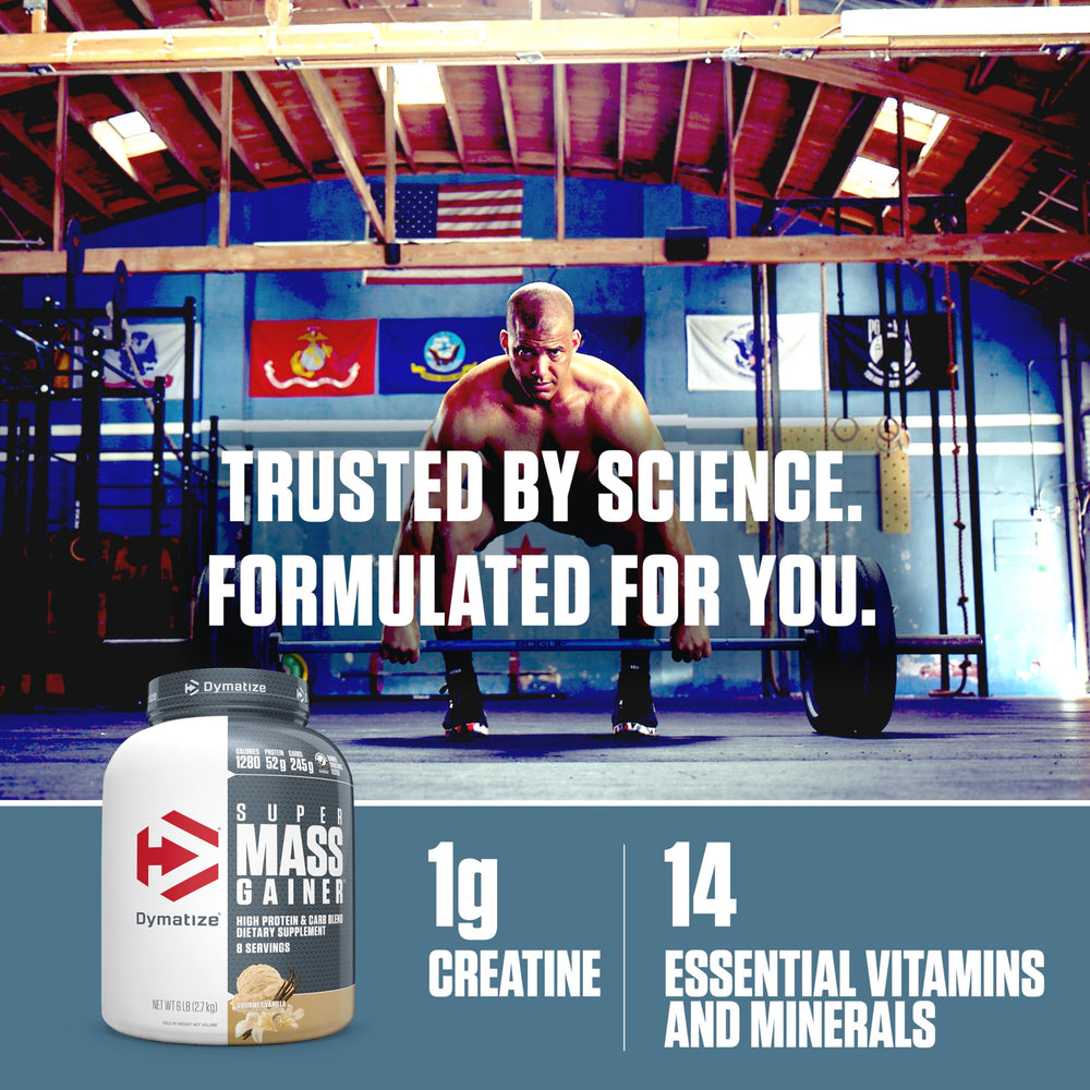 Dymatize Super Mass Gainer vanilla shaker bottle ready for on-the-go shakes.