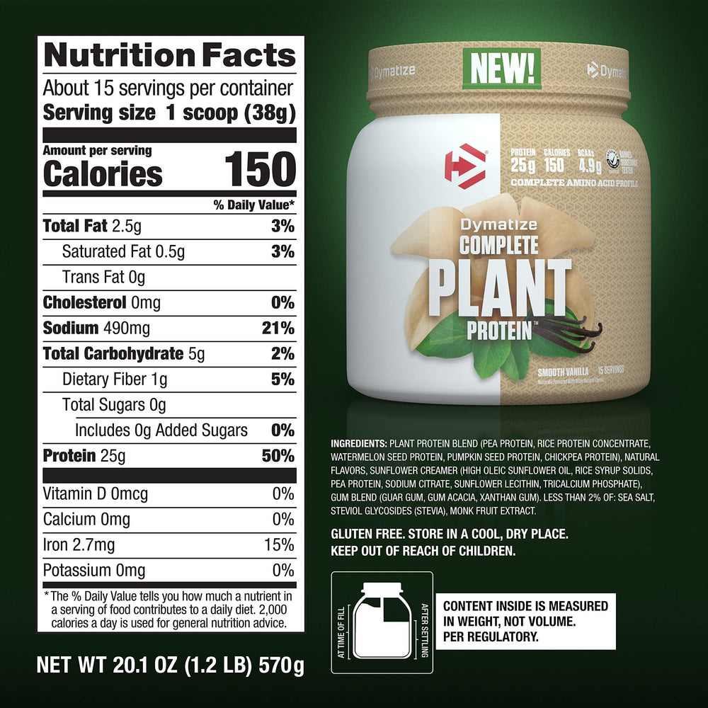 Dymatize Vegan Plant Protein closeup of dairy-free packaging