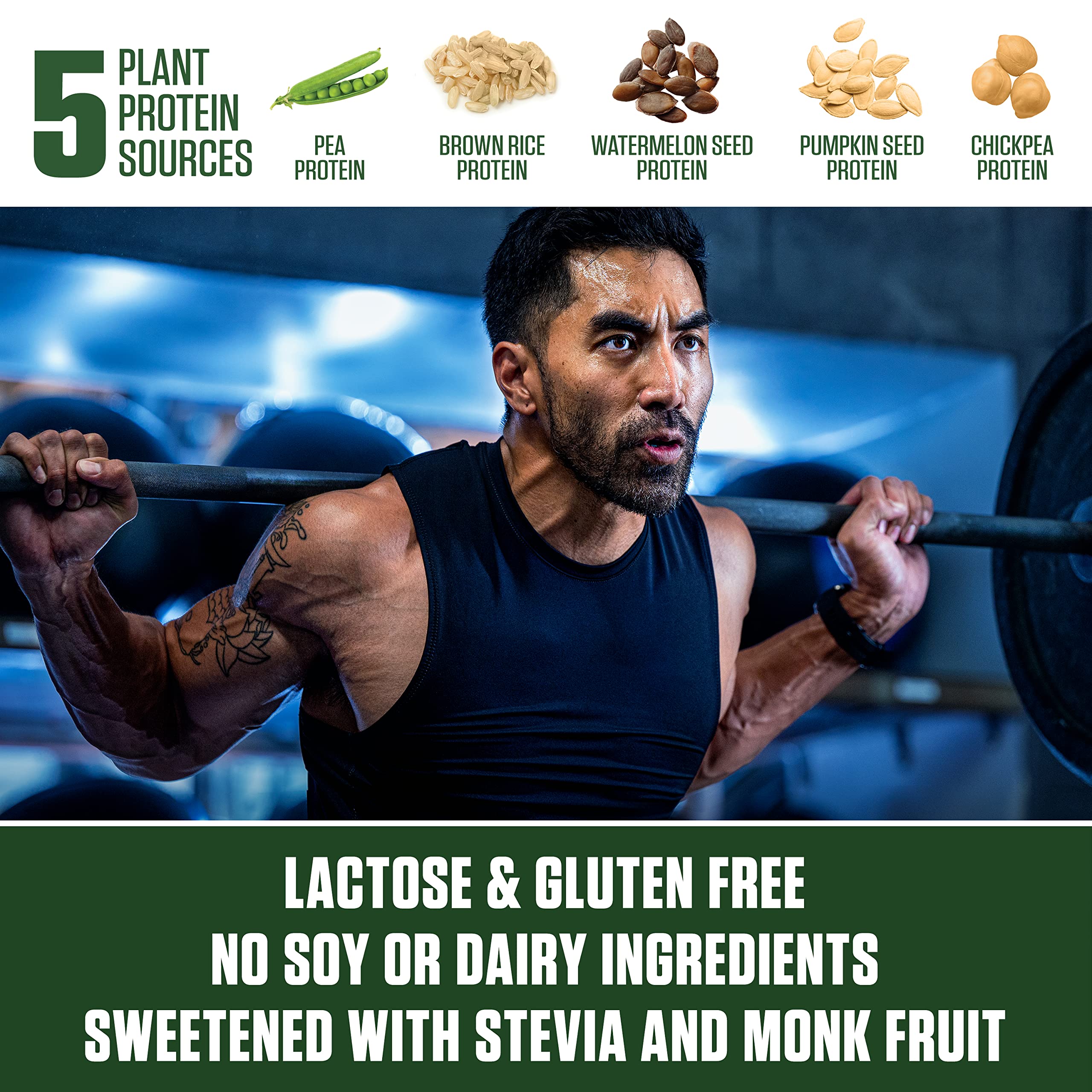 Dymatize Vegan Plant Protein blend showing five plant protein sources