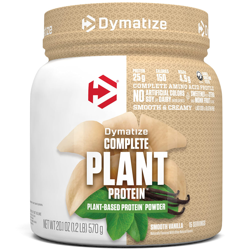 Dymatize Vegan Plant Protein tub with vanilla label highlighting 25g protein per serving