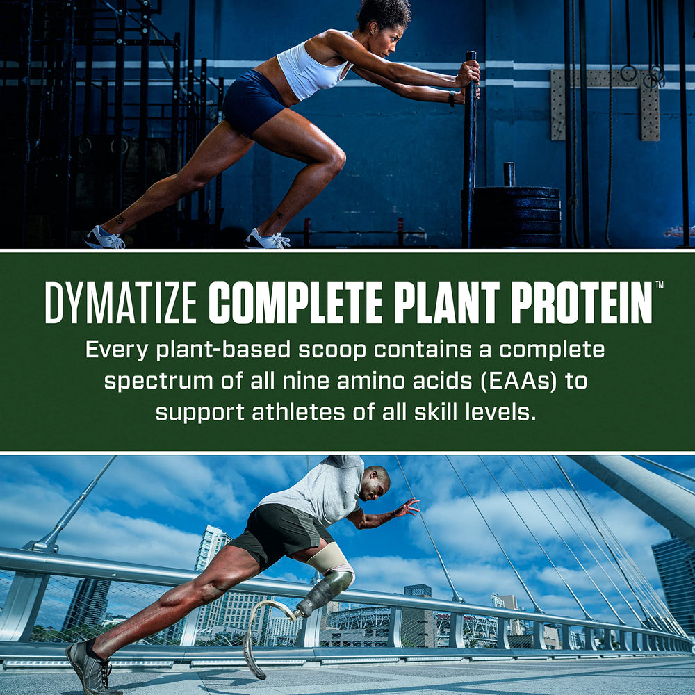 Dymatize Vegan Plant Protein vanilla flavor scoop beside a glass of shake