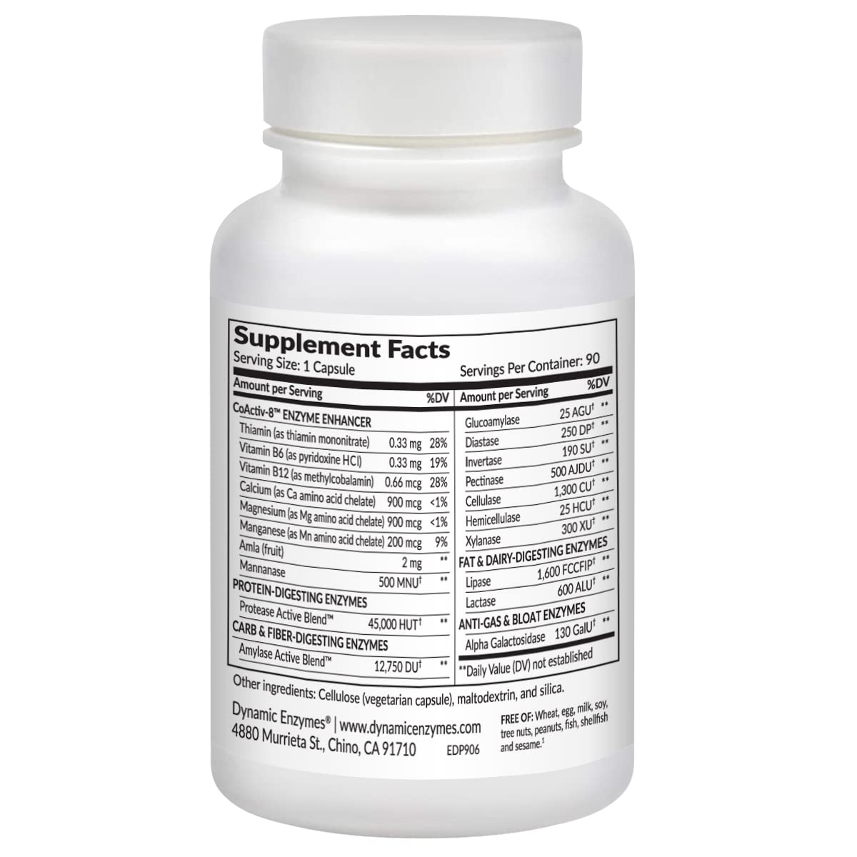 Dynamic Enzymes Eat E-Z capsules in bottle designed for bloating relief.
