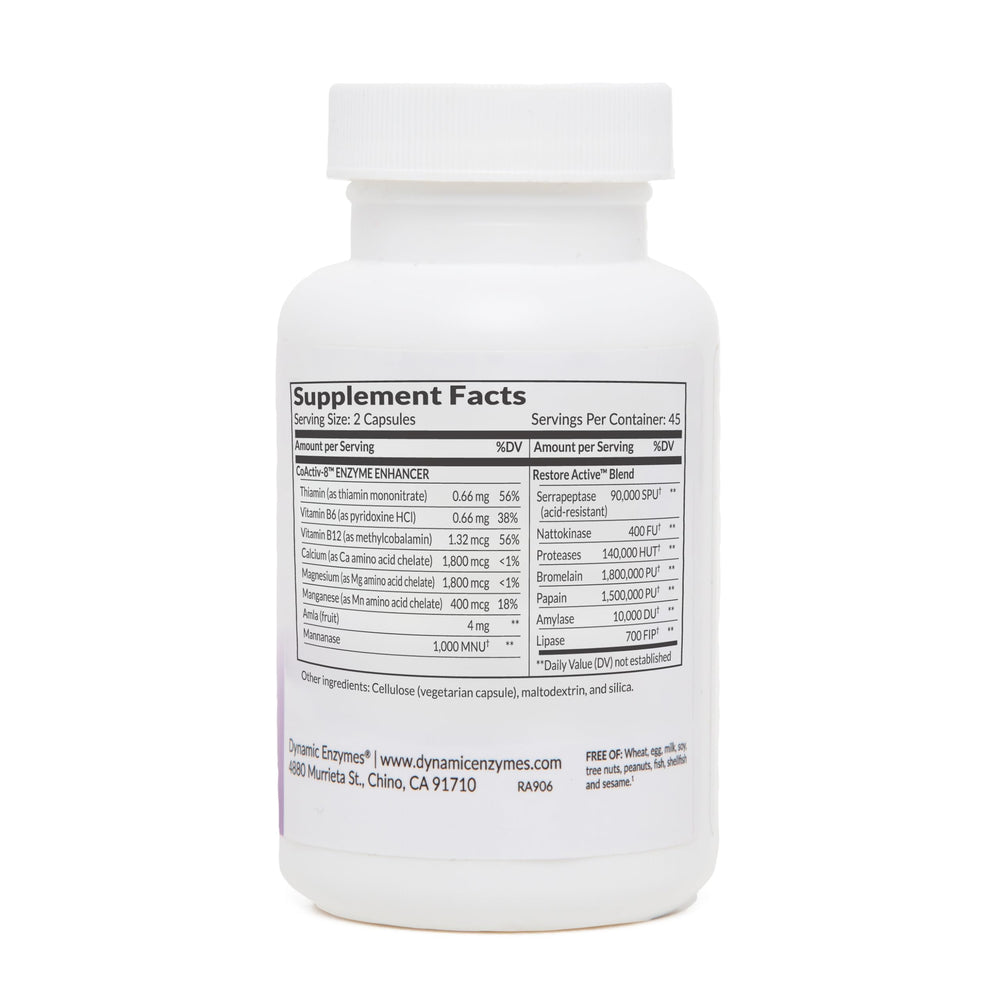 Restore ACTIV capsules shown in two-capsule serving for muscle recovery.