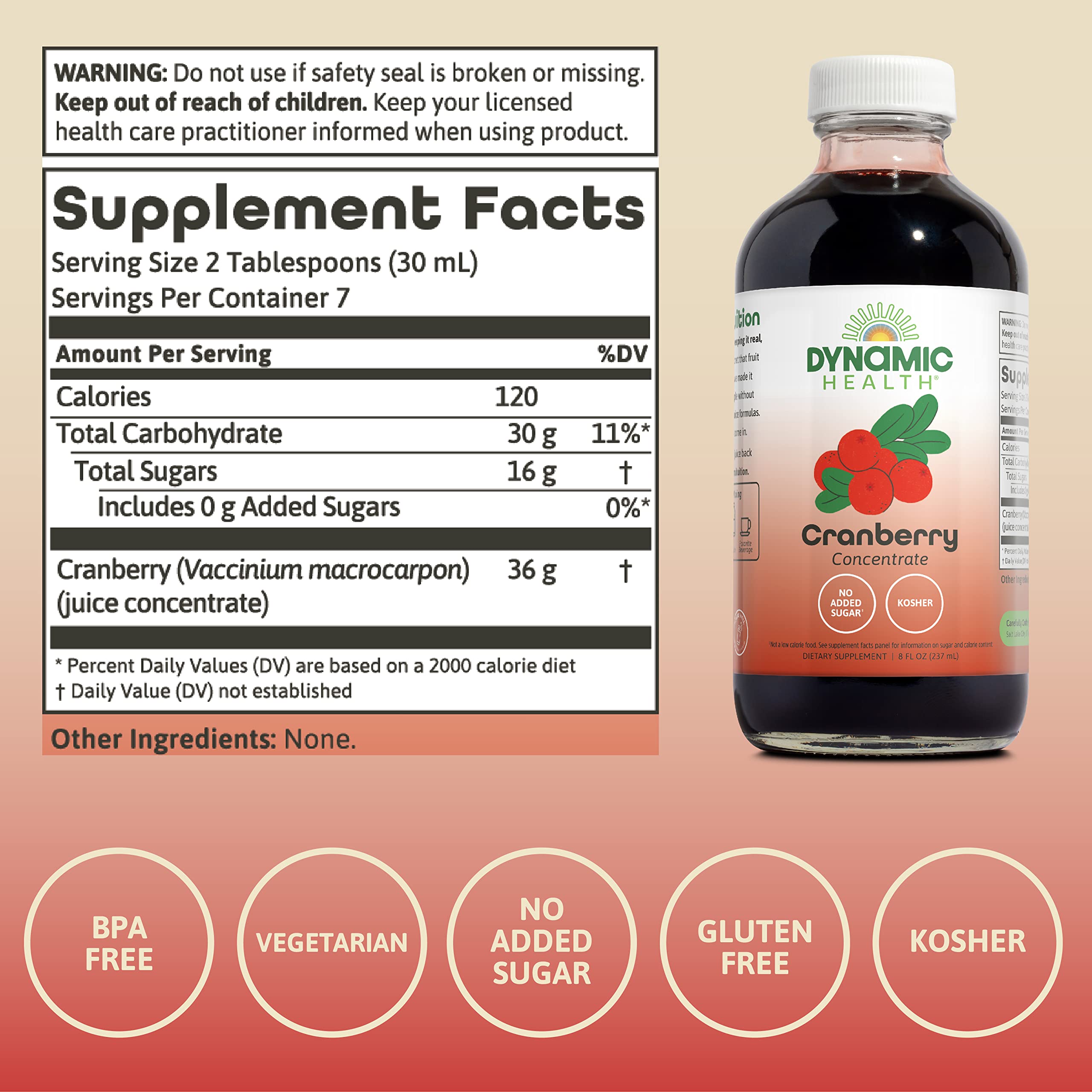 Dynamic Health Arándano Puro concentrado etiqueta muestra ingredientes naturales