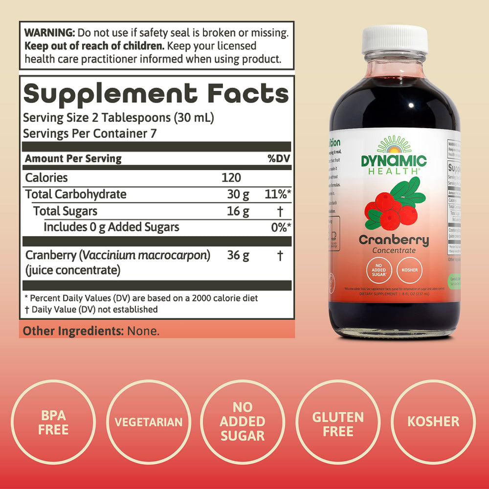 Dynamic Health Arándano Puro concentrado etiqueta muestra ingredientes naturales