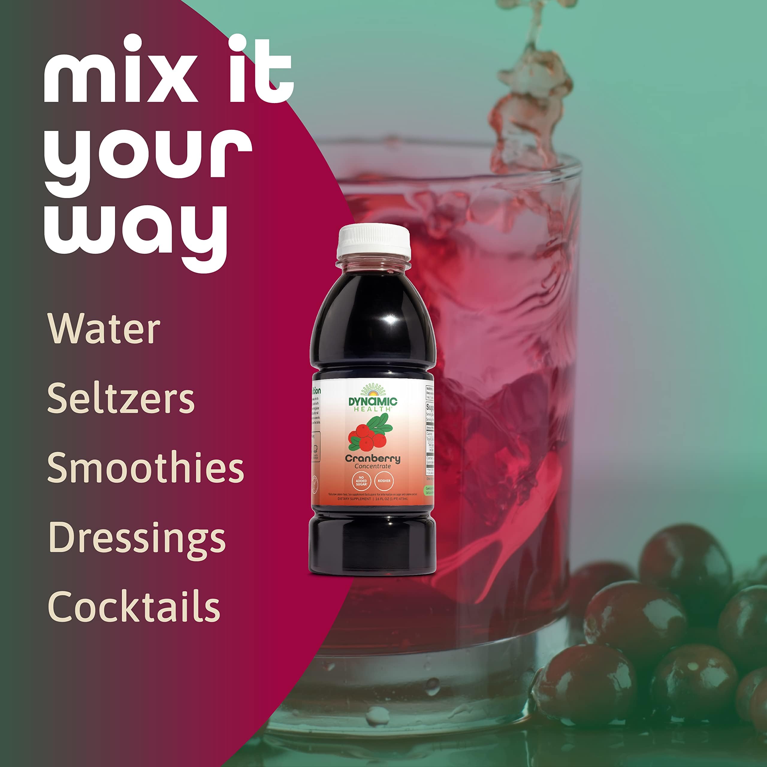 Dynamic Health Cranberry Juice Concentrate packaging shot emphasizing 16 servings and 16oz bottle