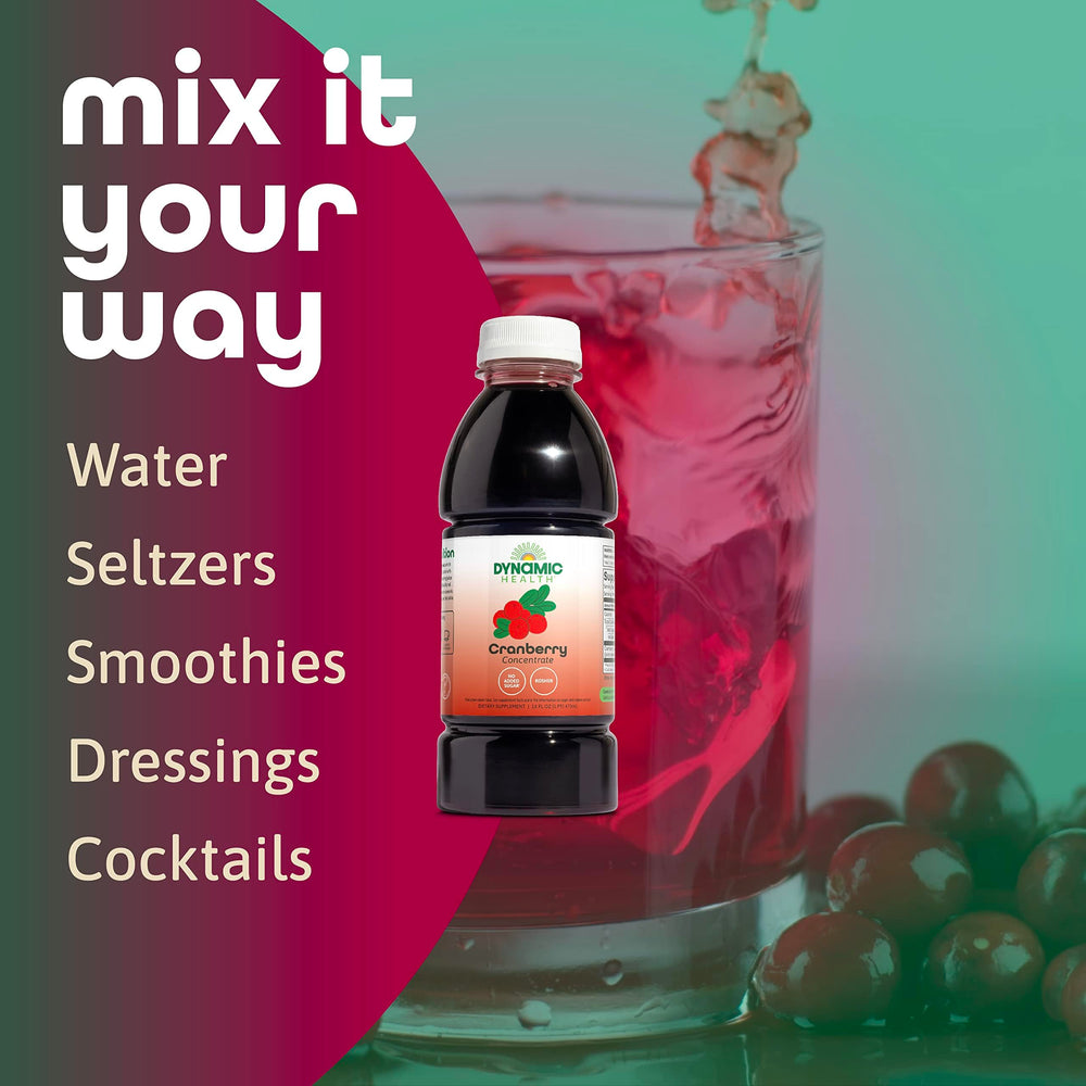 Dynamic Health Cranberry Juice Concentrate packaging shot emphasizing 16 servings and 16oz bottle