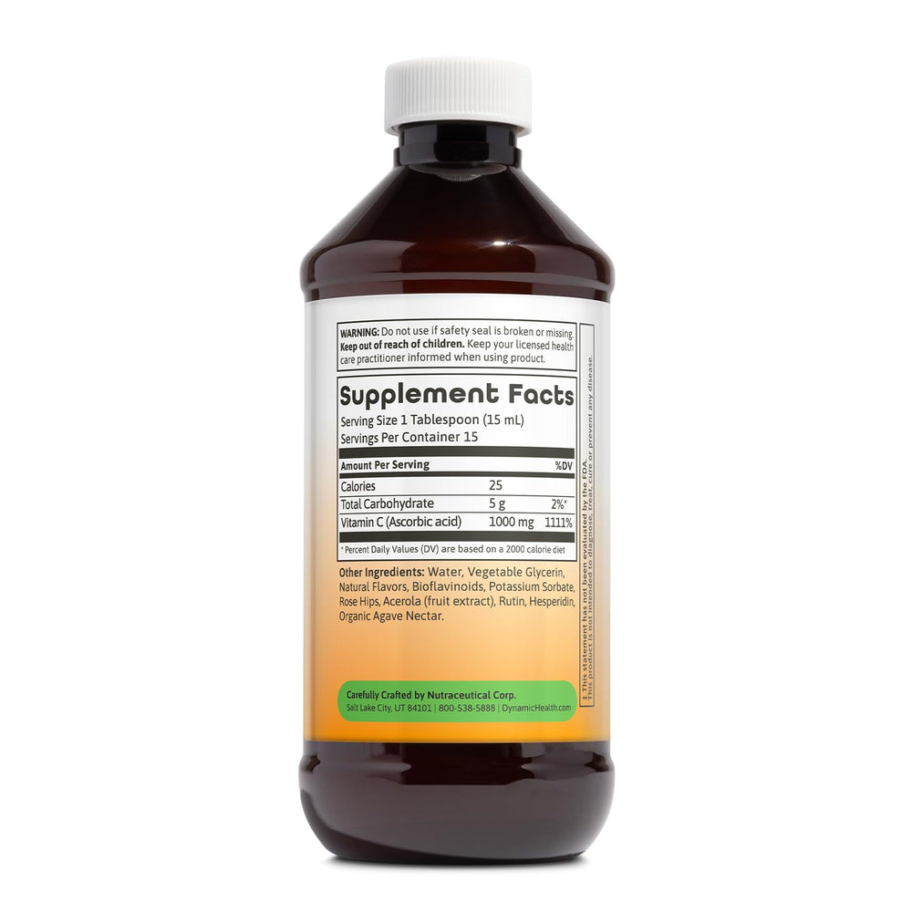 Dynamic Health Liquid Vitamin C being poured into a glass for daily use.