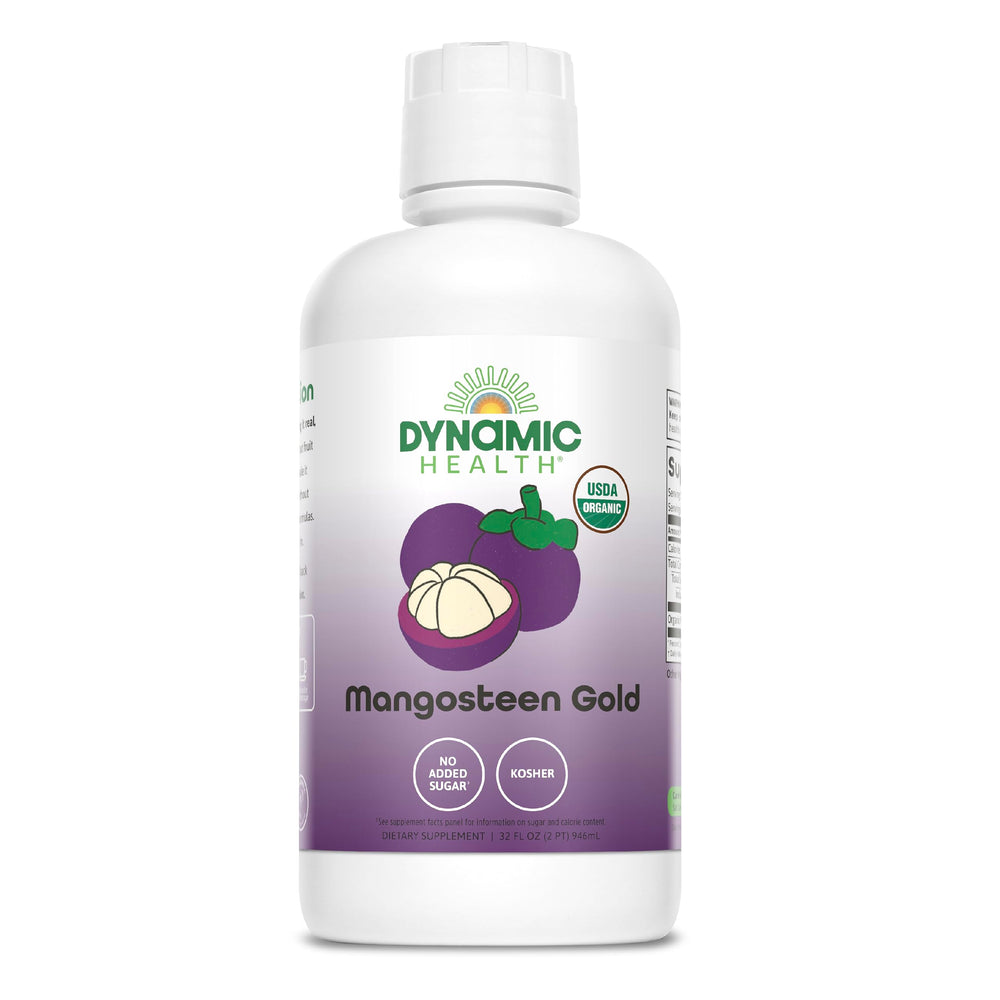 Dynamic Health Mangosteen Gold bottle front – organic juice for daily refreshment