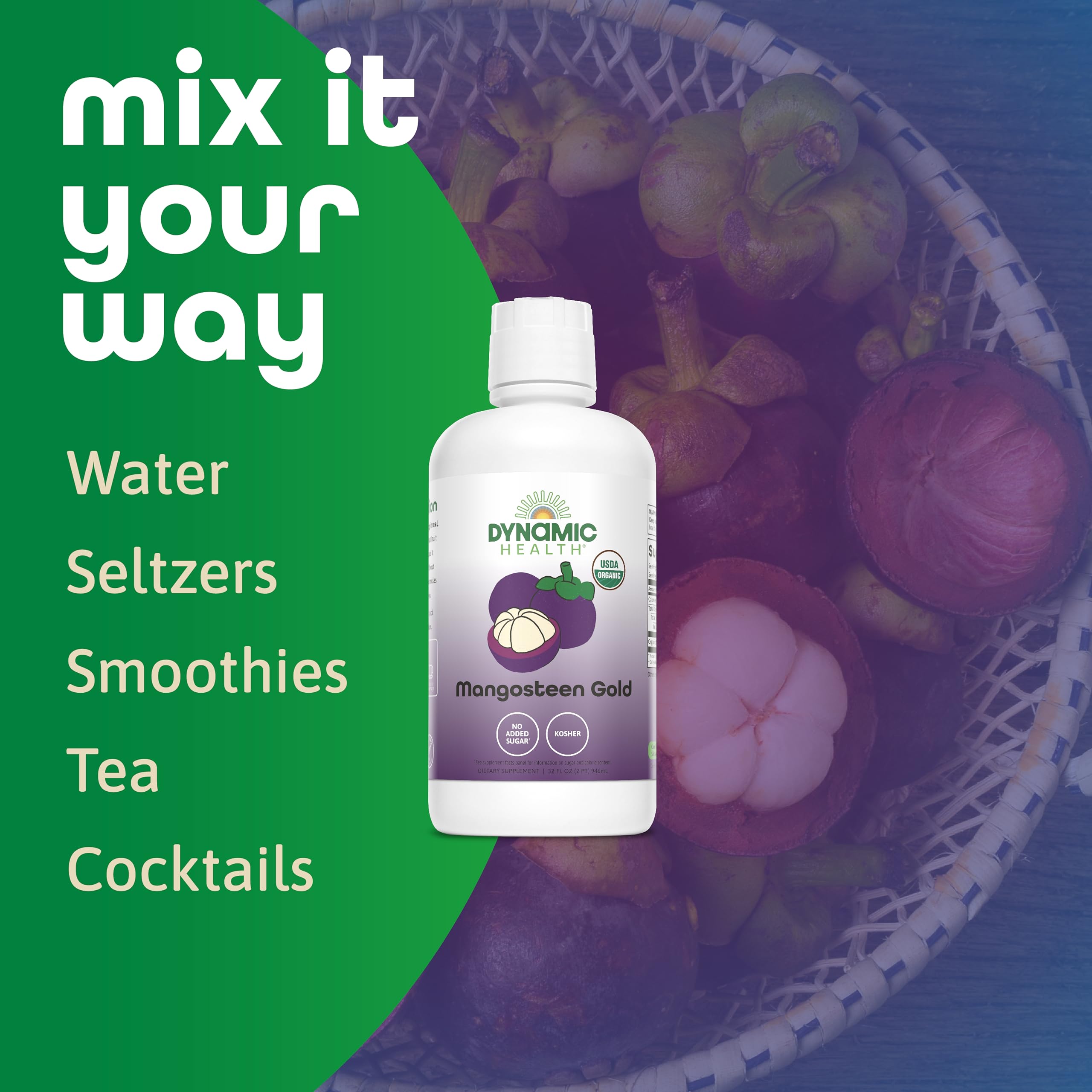 Dynamic Health Mangosteen Gold glass with ingredients – clear, pure juice