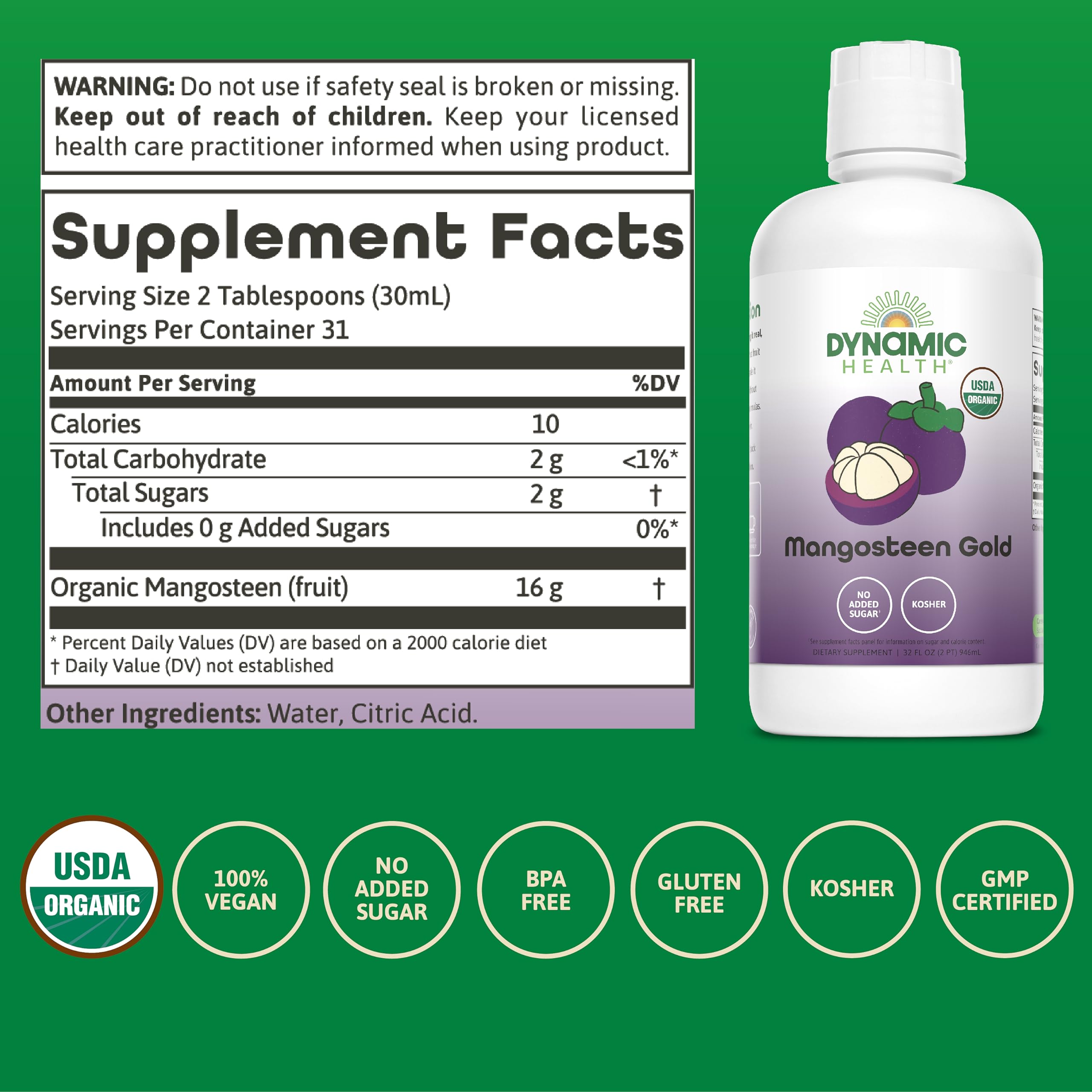 Dynamic Health Mangosteen Gold label closeup – organic, non-GMO promise