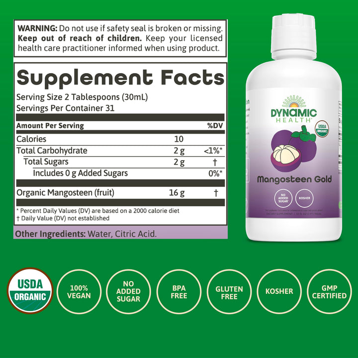 Dynamic Health Mangosteen Gold label closeup – organic, non-GMO promise