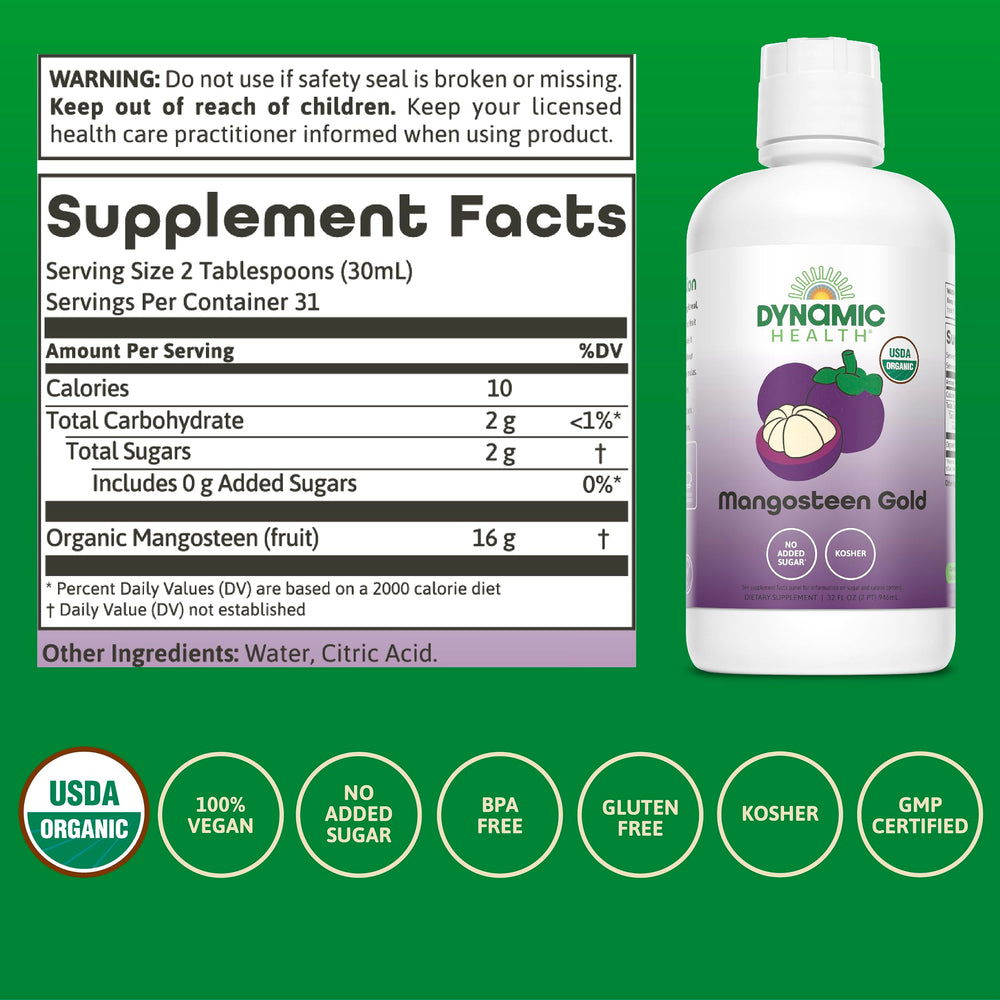 Dynamic Health Mangosteen Gold label closeup – organic, non-GMO promise