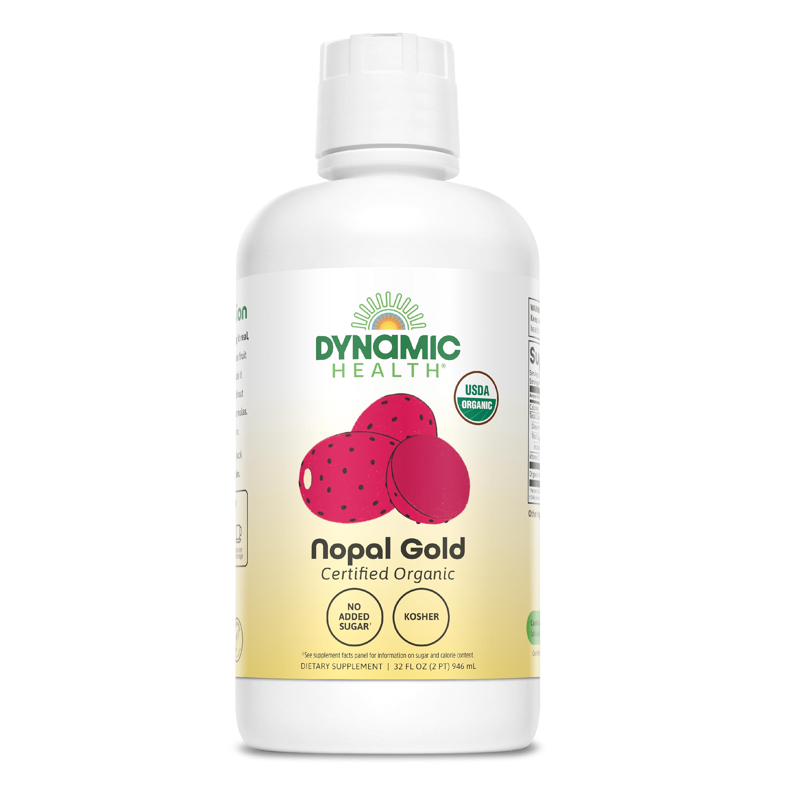 Dynamic Health Nopal Gold bottle being poured, antioxidant-rich juice for daily support