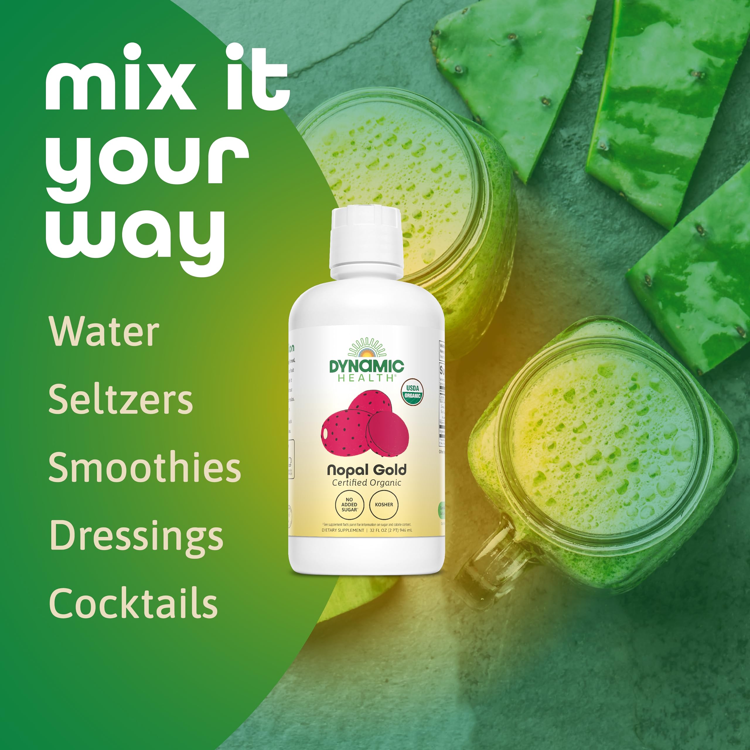 Dynamic Health Nopal Gold served in a glass, ready to drink