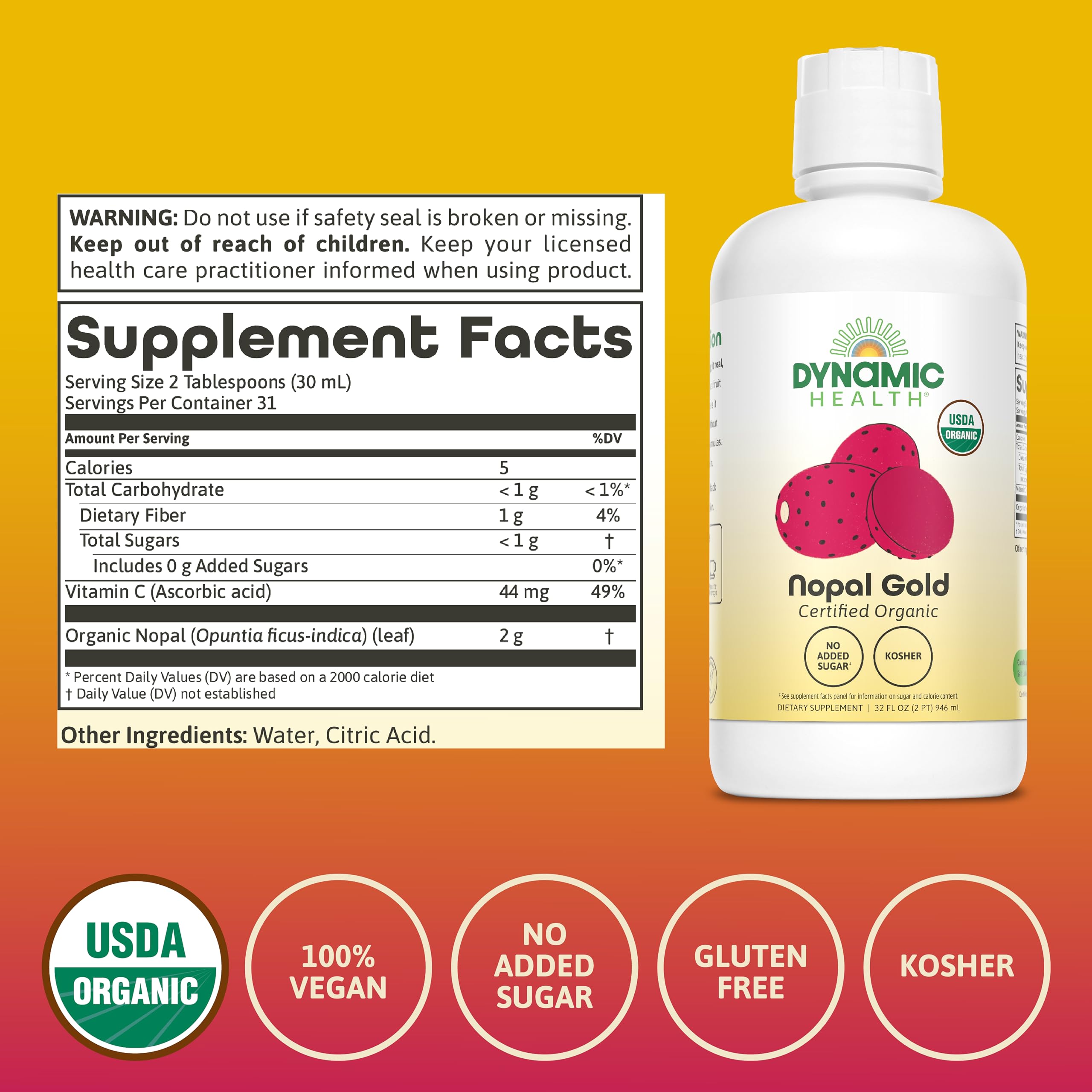 Dynamic Health Nopal Gold label highlighting organic certification and ingredients