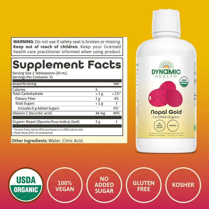 Dynamic Health Nopal Gold label highlighting organic certification and ingredients