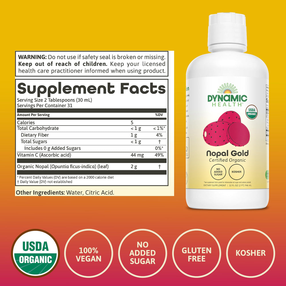 Dynamic Health Nopal Gold label highlighting organic certification and ingredients