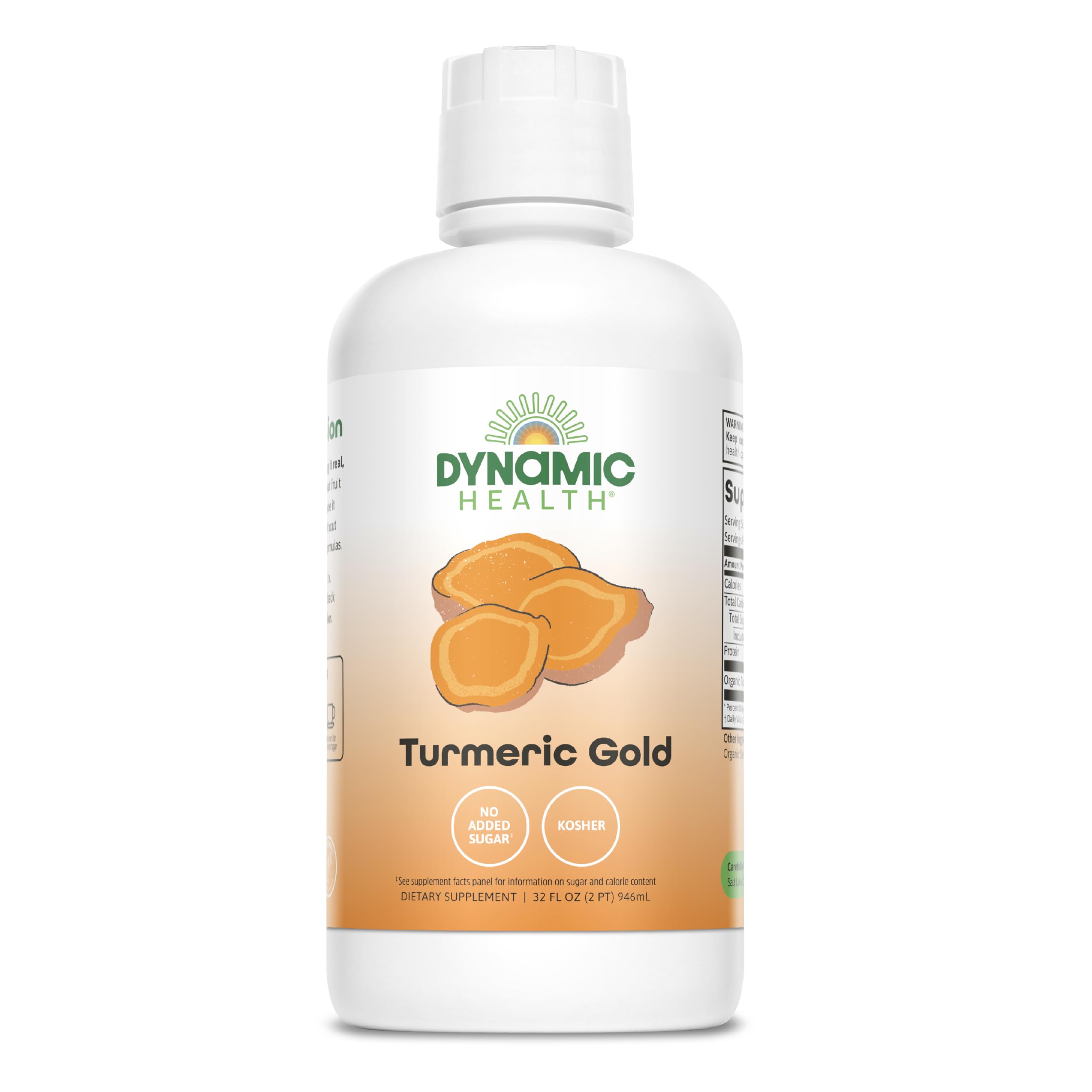Dynamic Health Turmeric Gold bottle pour showing pure juice for daily antioxidant intake.