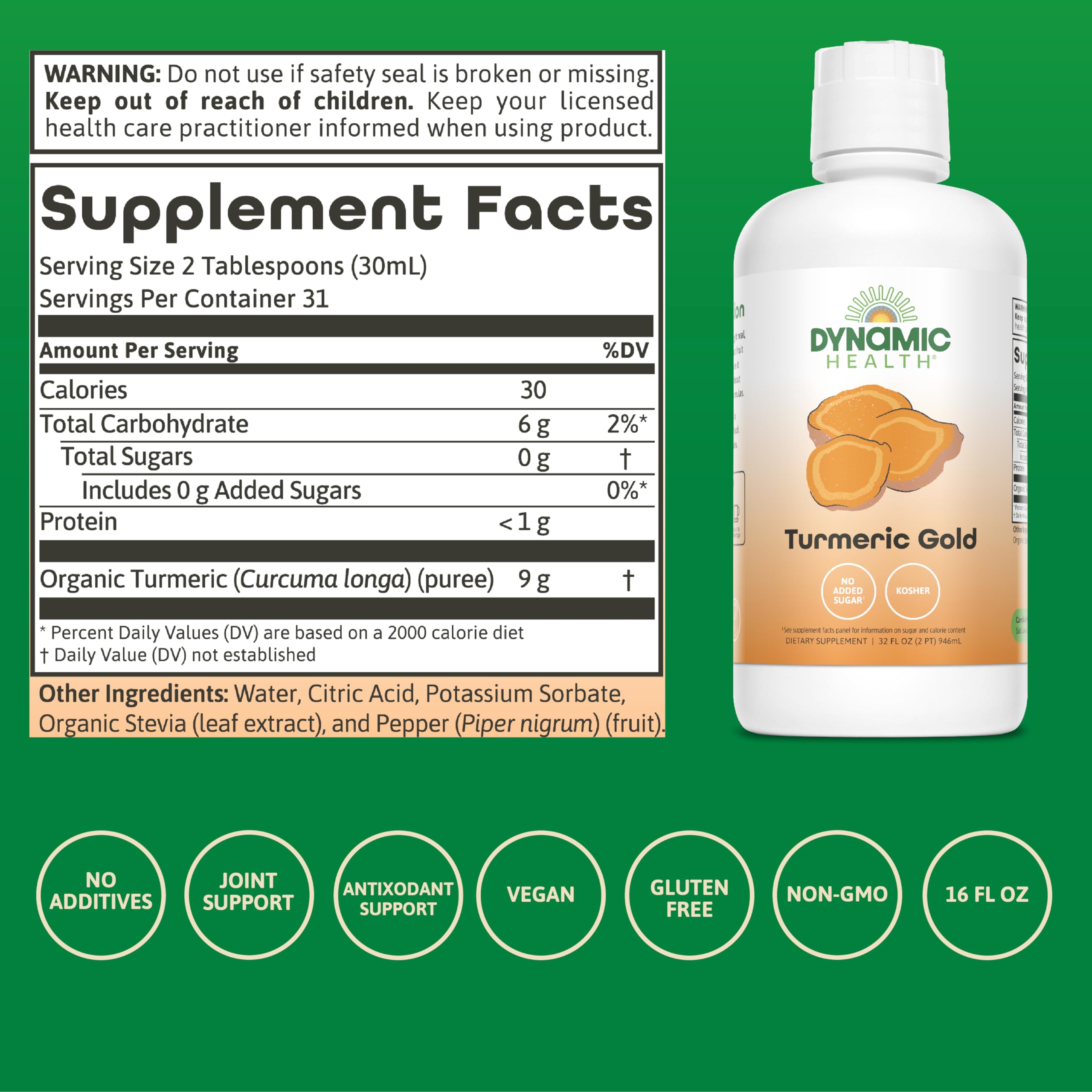 Dynamic Health Turmeric Gold glass of juice ready to sip for antioxidant support.
