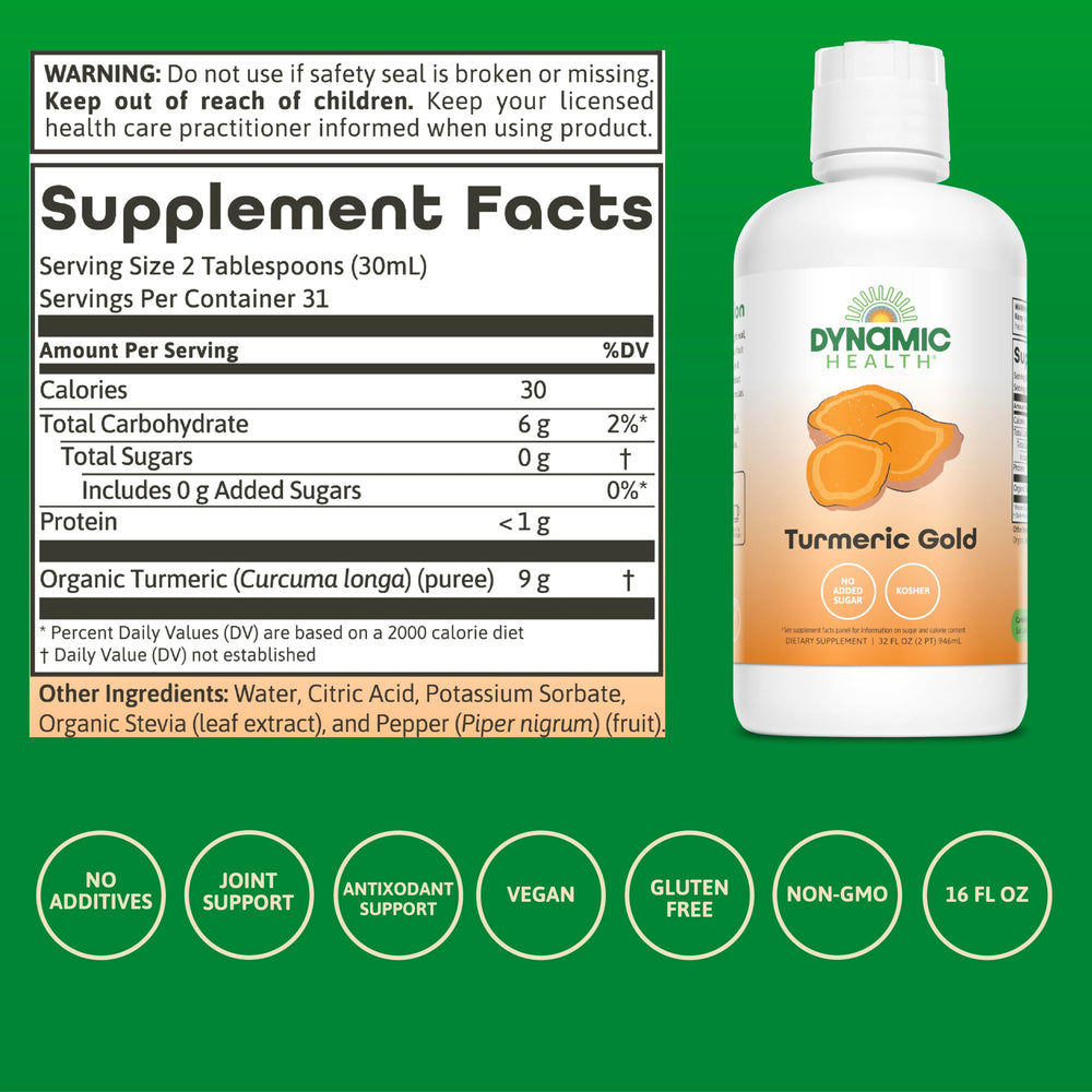 Dynamic Health Turmeric Gold glass of juice ready to sip for antioxidant support.