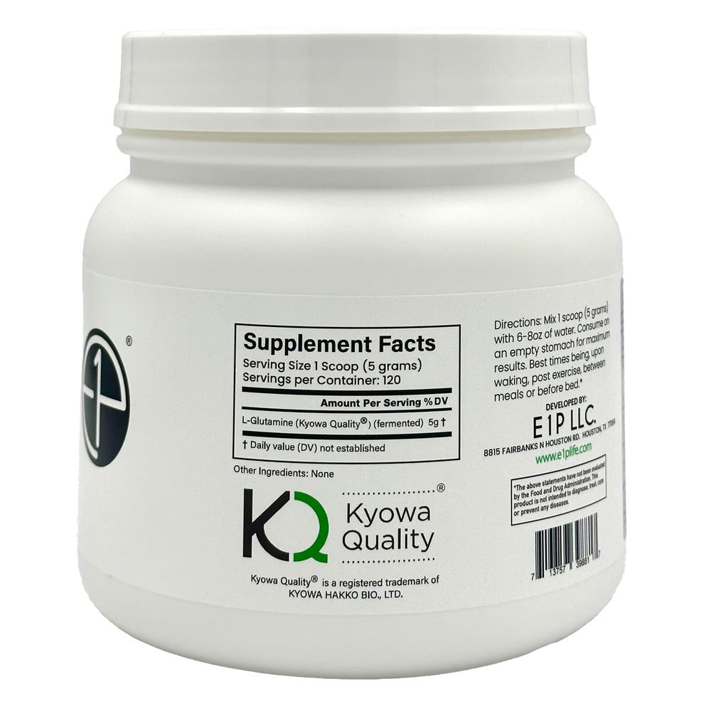 E1P L-Glutamine 600g certifications label highlights third-party testing.