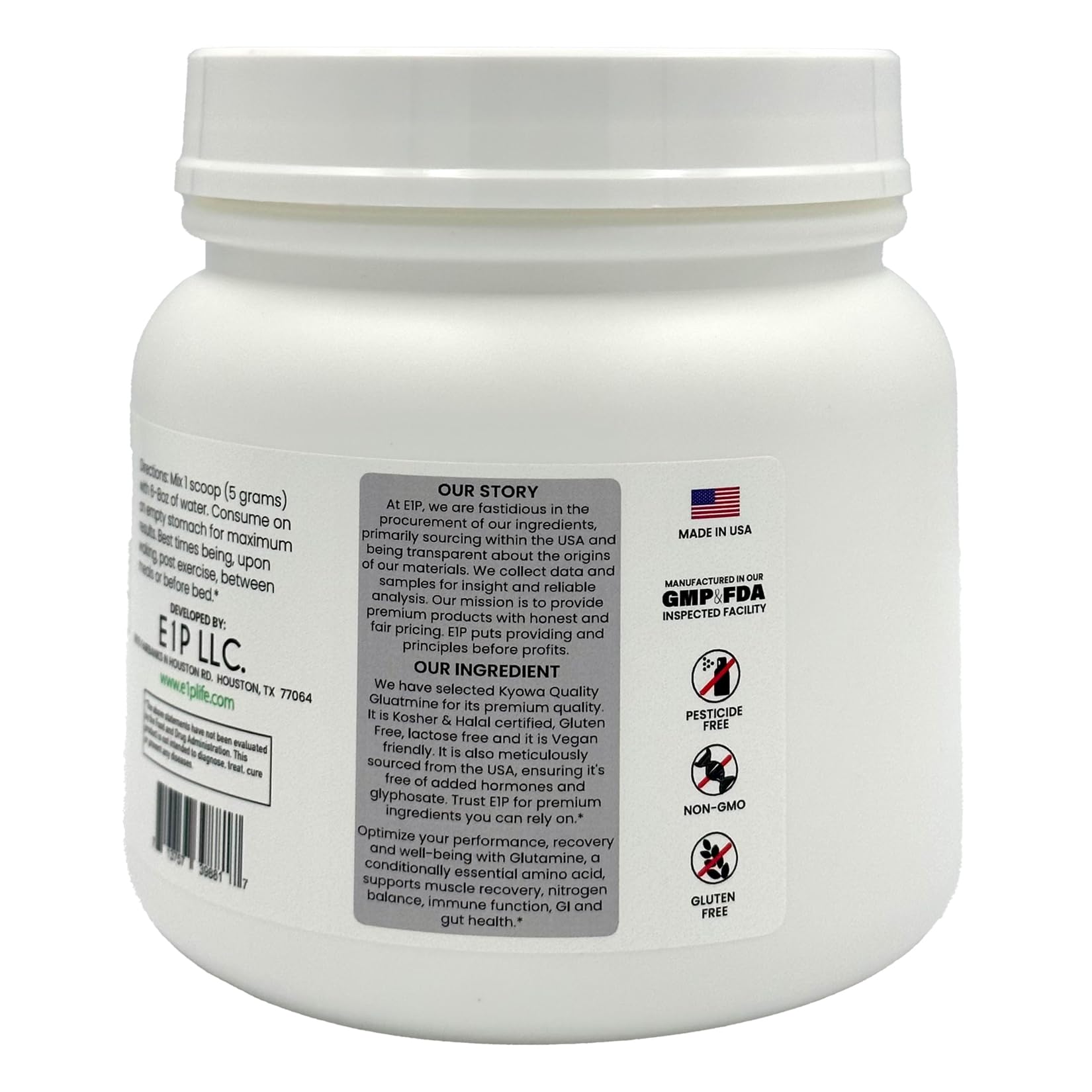 E1P L-Glutamine 600g mixer/shaker ready for smoothie or water.