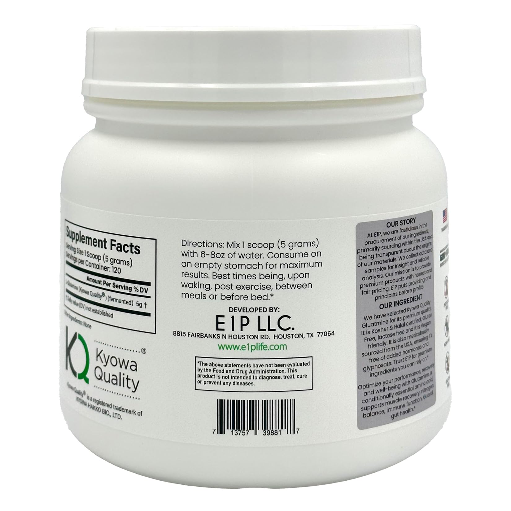 E1P L-Glutamine 600g serving scoop helps precise portioning.