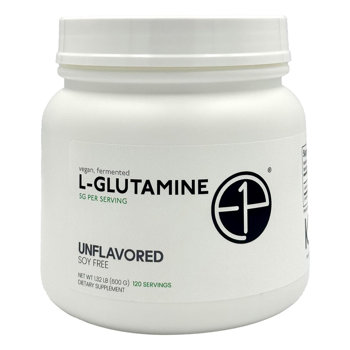 E1P L-Glutamine 600g unflavored bottle for convenient daily use.