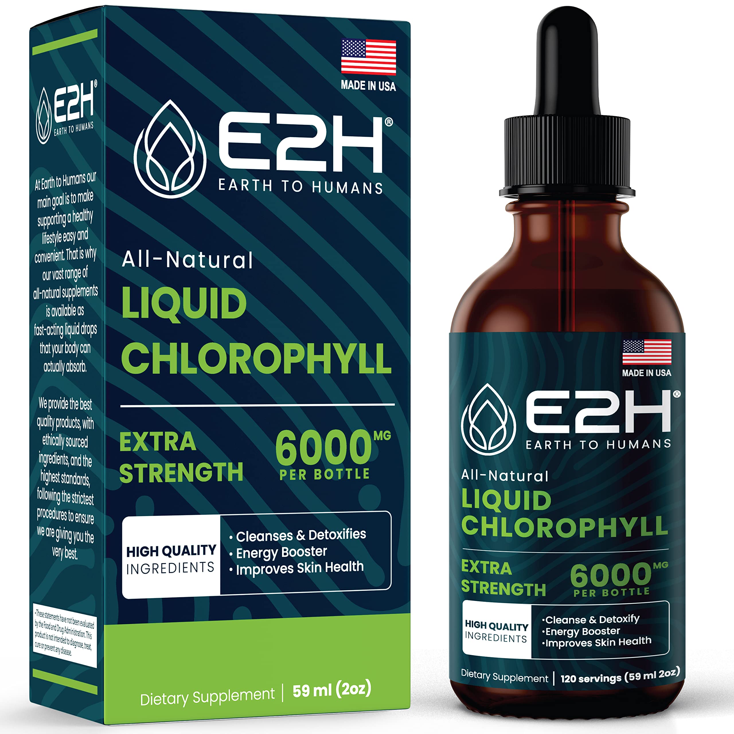 E2H Chlorophyll Liquid Drops bottle front with vibrant green color for daily energy boost.
