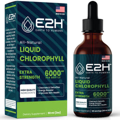 E2H Chlorophyll Liquid Drops bottle front with vibrant green color for daily energy boost.