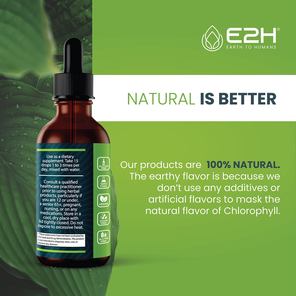 E2H Chlorophyll Liquid Drops held in hand for quick greens boost.